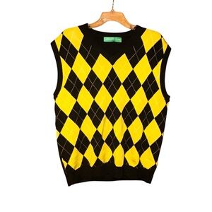 Golf Knickers Argyle Sweater Vest XL Black Yellow Wool Blend V Neck Golf